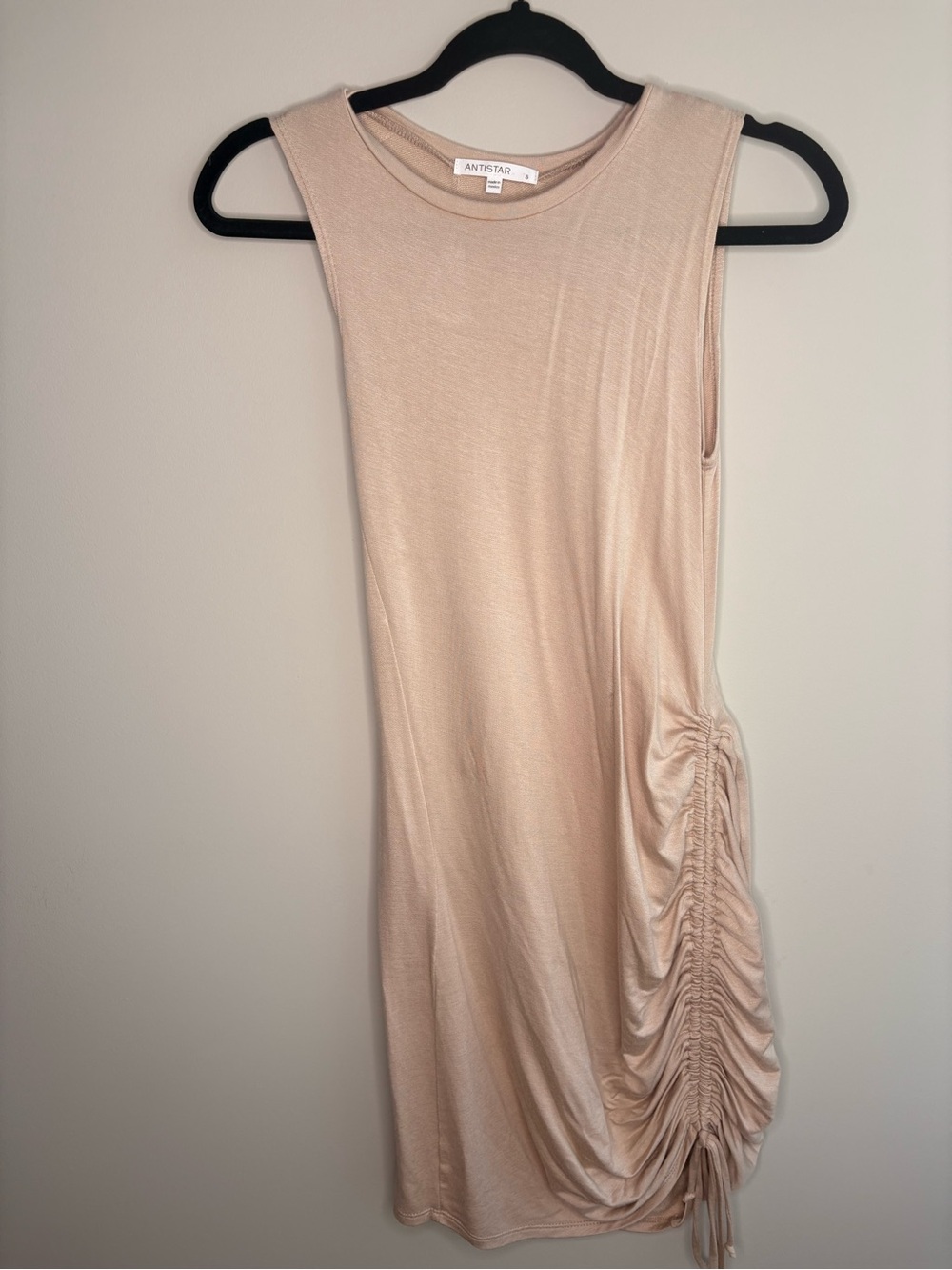 Antistar Ruched Side Sleeveless Midi Dress Nude Beige Size Small